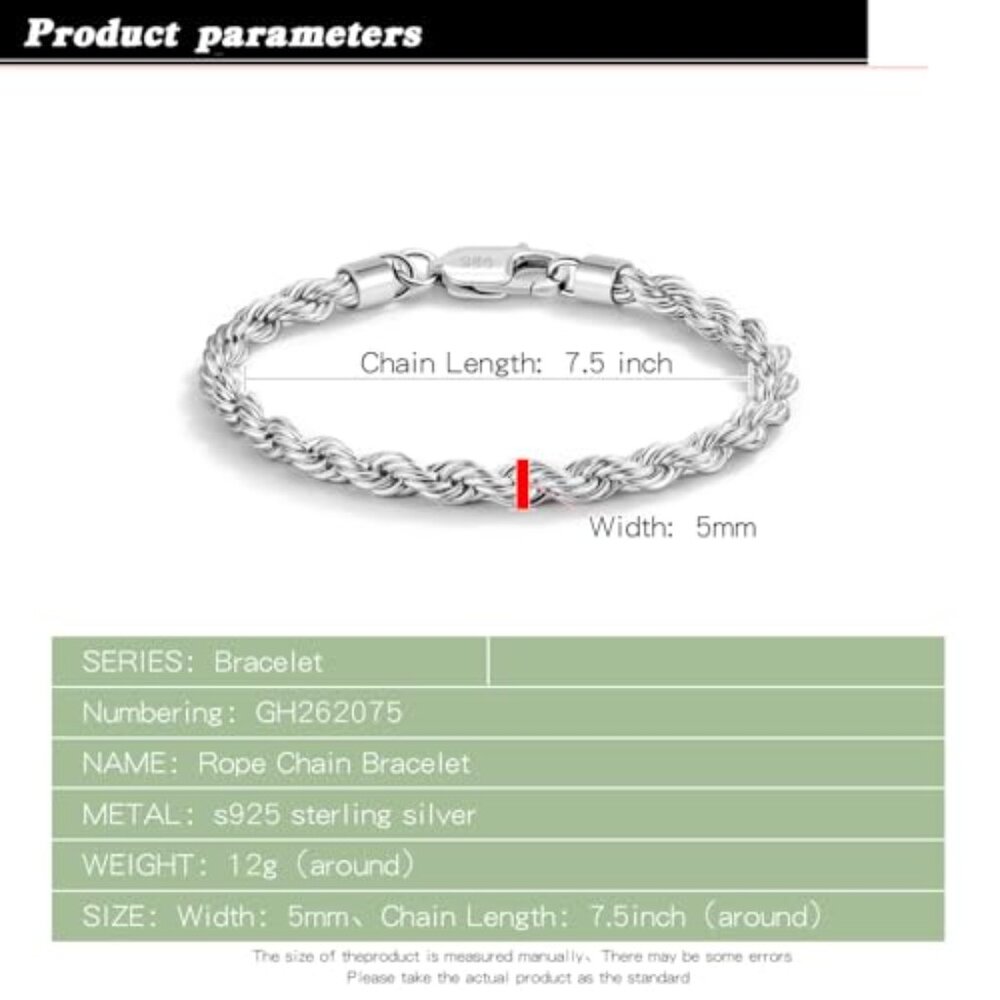 Sterling Silver 5mm Twist Rope Chain Bracelet Unisex Jewelry Gift - Picture 4 of 8
